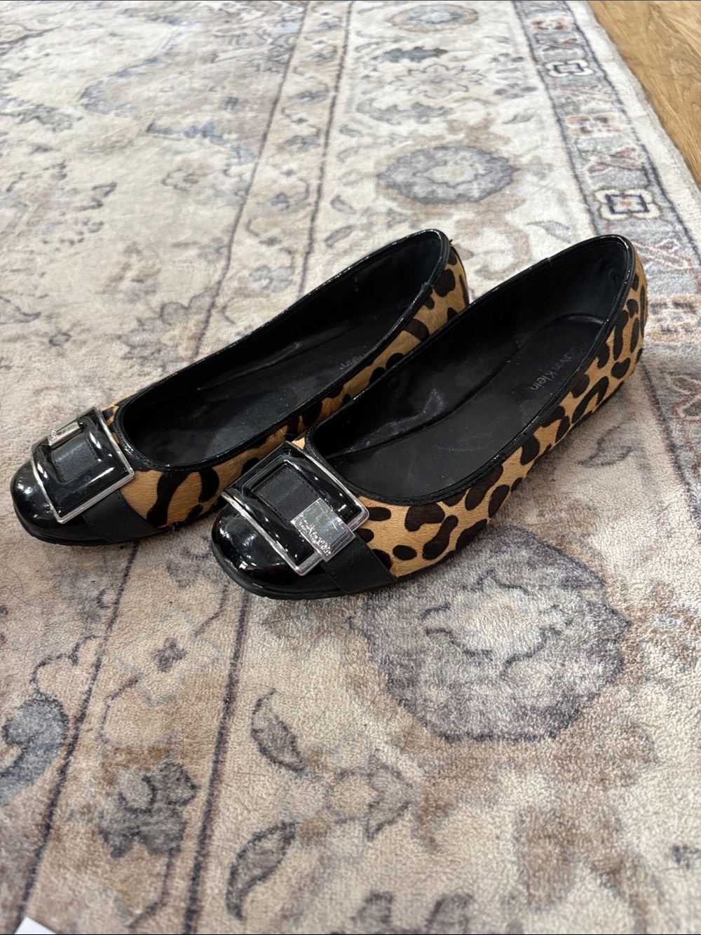 Calvin Klein Leopard Print Flats with Black Patent Toe & Buckle
